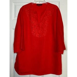 Jones New York Tunic Women 2X Red 100% Linen Crochet Lace Bib 3/4 Sleeve Top